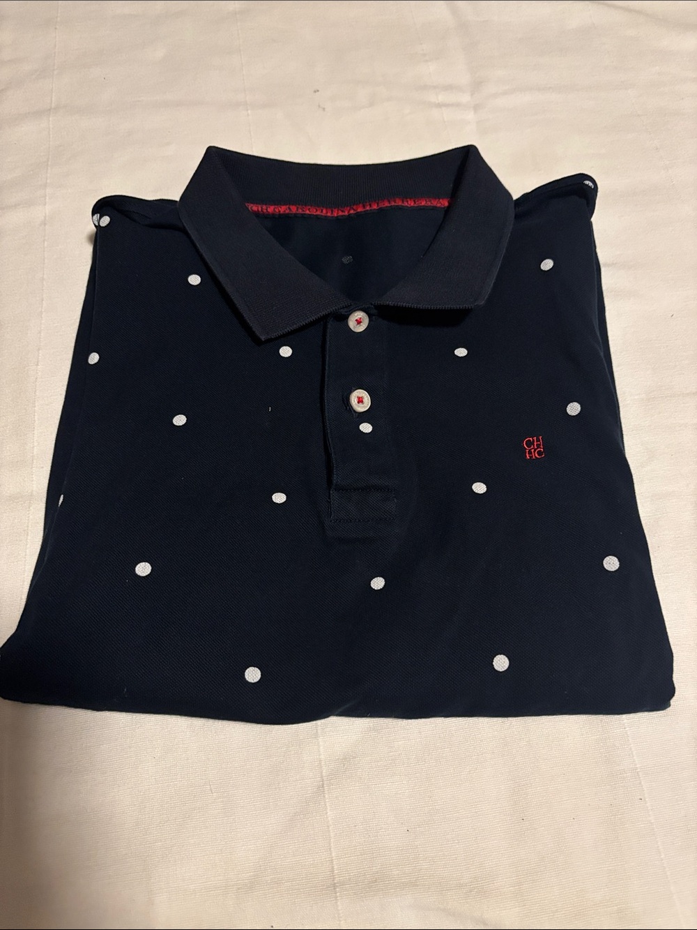 Carolina Herrera Navy Polo with White Polka Dots and Red Logo